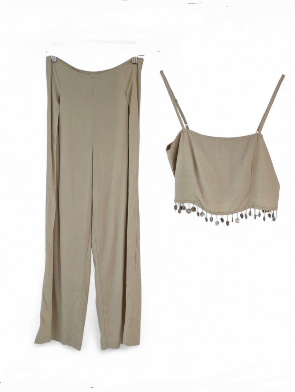 Jason Wu Beige Wide-Leg Pants w/Matching Shell Coin-Trim Crop Top Womens Size 4